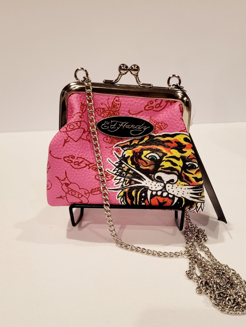Ed Hardy Pink Tiger Kiss-Lock Pouch with Silver Chain